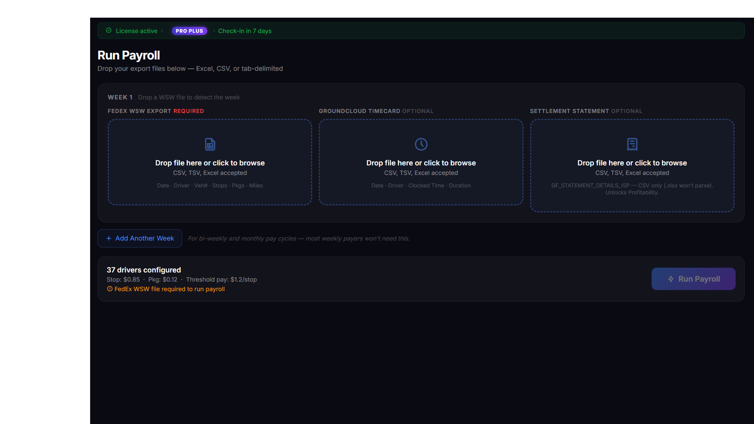 The Run Payroll page with three empty drop zones.