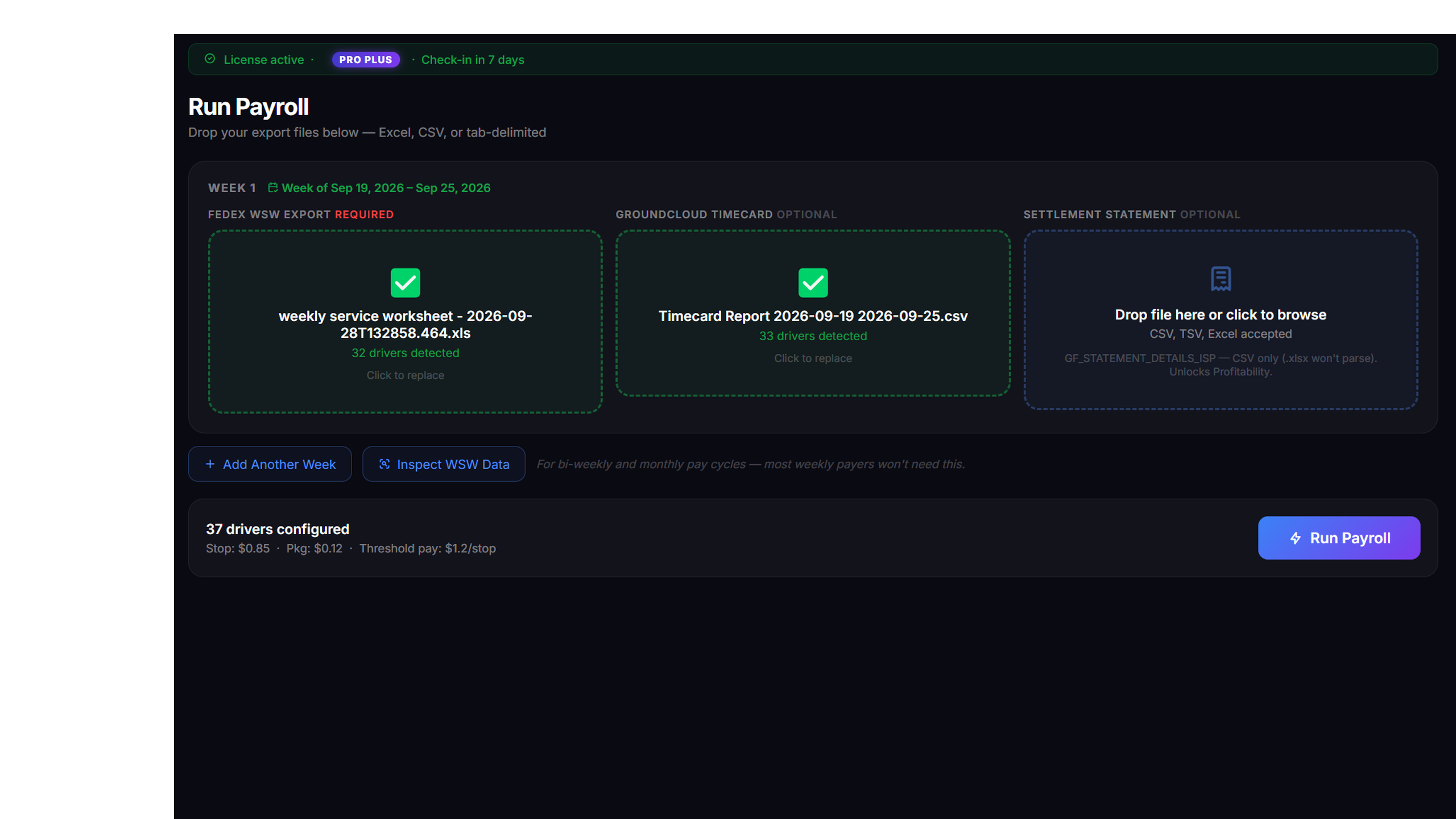 The Run Payroll page with both files loaded and the driver counts detected.